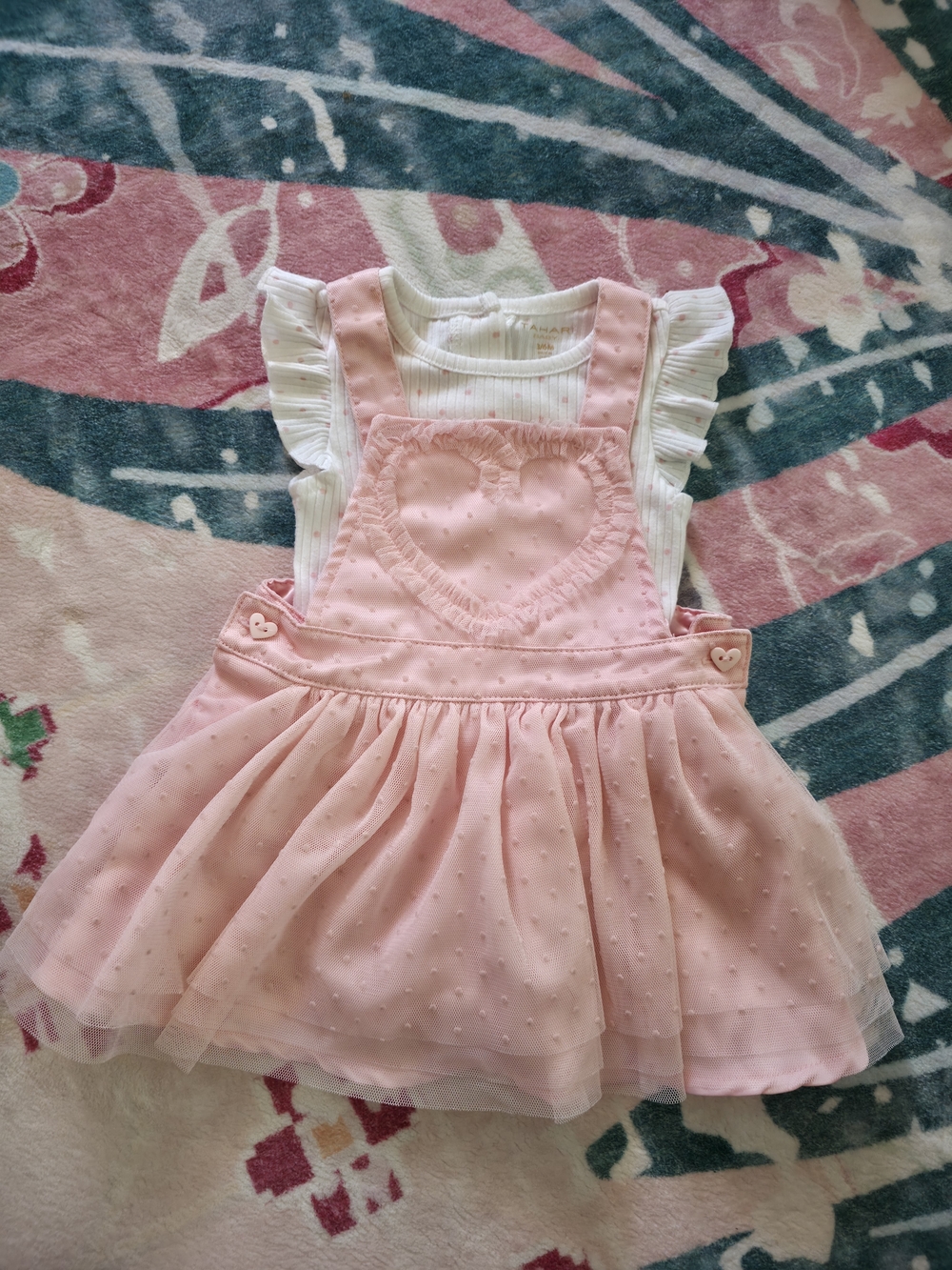 3-6 Month Pink Heart Pinafore Dress with Ruffle Onesie